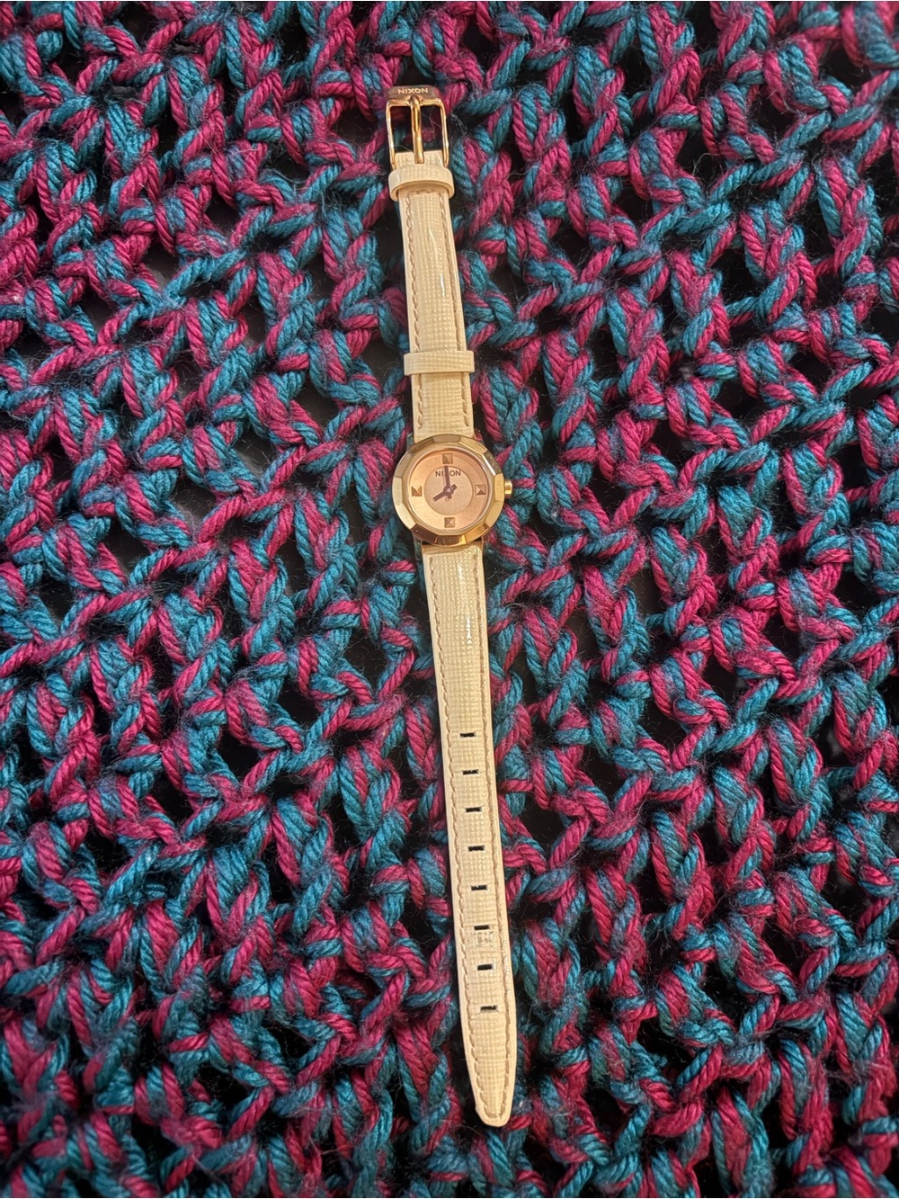 Women's NIXON Gold-Tone Pink Dial Leather Strap Watch